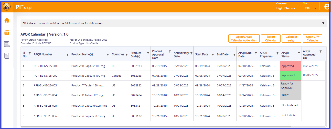 APQR Calendar & Scheduling